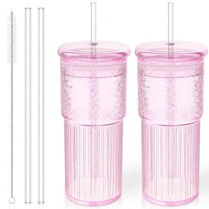 Luiaiog Glass Cups with Lids and Glass Straws, High Borosilicate 20OZ Pink Tumblers (2Pcs) for Coffee, Tea, Juice, Smoothies, Hot & Cold Drinks at Home/Office - color: Pink 2pcs 20oz