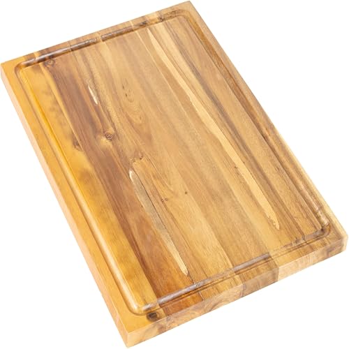 happimess Eldridge Large 18" x 12" Acacia Cutting Board, Natural | Handcrafted, 1 Inch Thick, Reversible Design, Juice Grooves, Authentic Wood Grain, Rectangular, Farmhouse Style - color: Natural, size: 18"L x 12"W