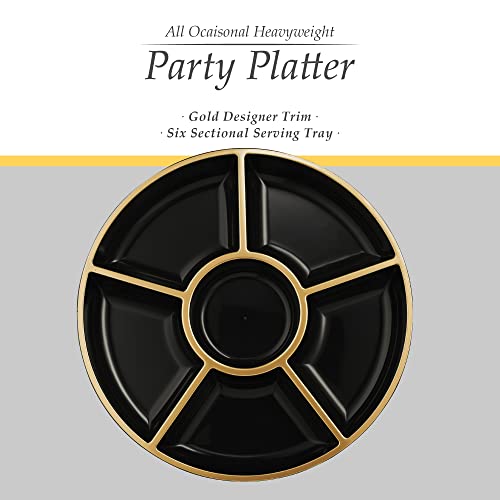 Plasticpro 6 Sectional Round Plastic Serving Tray/Platters Black & Gold Pack of 4 - color: Black & Gold