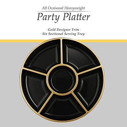 Plasticpro 6 Sectional Round Plastic Serving Tray/Platters Black & Gold Pack of 4 - color: Black & Gold