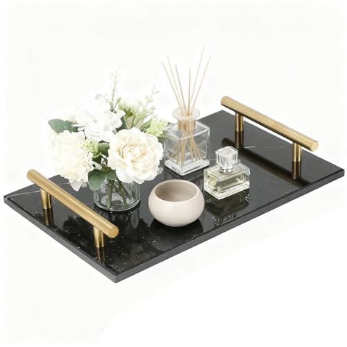 MAOPINER Black Marble Perfume Tray with Copper Color Metal Handles | Handmade Jewelry Catchall Tray for Counter, Vanity, Dresser, Nightstand, Bathroom and Desk Decor - color: Black