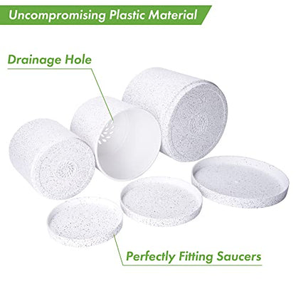 D'vine Dev 3-Pack Plastic Pots, 6.5/8/10 in, Speckled White, 74-V-E-4 | Multi-Size Options, Lightweight Durable, Matte Finish, Cylinder Shape, Drainage Holes, Sleek Design, Detachable Saucer - color: Speckled White, size: Large