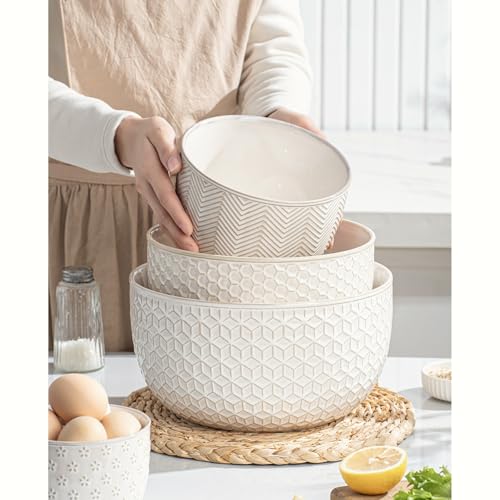 Ceramic Mixing Bowls, Embossed Nesting Bowls Set of 4, Mixing Bowl Set for Serving, Baking, Cooking and Gift, Microwave and Dishwasher Safe, 20/47/99/148 oz, Off-White - size: 20&47&99&148 oz