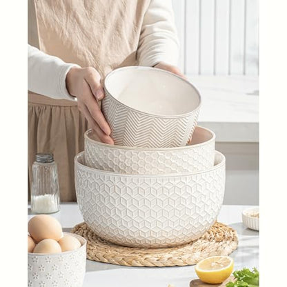 Ceramic Mixing Bowls, Embossed Nesting Bowls Set of 4, Mixing Bowl Set for Serving, Baking, Cooking and Gift, Microwave and Dishwasher Safe, 20/47/99/148 oz, Off-White - size: 20&47&99&148 oz