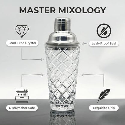 15oz Diamond-Cut Crystal Cocktail Shaker Clear Glass with Polished Stainless Steel Lid - Premium Bar Tool for Home Bartenders - Ideal for Cocktails, Mocktails, and More - color: Geometric Cocktail Tool