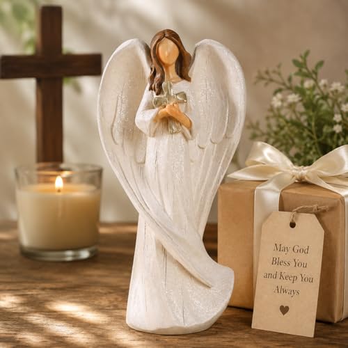 Hodao Cross Angel Figurine Gift, Hand-Painted Resin Guardian Angel Holding Cross, All-Season Meaningful Gift for Mom, Valentine’s Day Love, Easter Blessings & Year-Round Home Decor - style: Holding a cross