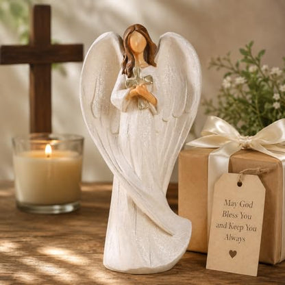 Hodao Cross Angel Figurine Gift, Hand-Painted Resin Guardian Angel Holding Cross, All-Season Meaningful Gift for Mom, Valentine’s Day Love, Easter Blessings & Year-Round Home Decor - style: Holding a cross