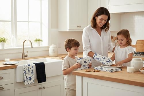 Summer Kitchen Pot Holder Oven Mitt Dish Towel Set: Fun Navy White Coastal Design, 5 pc Set (Coastal Blue) - color: Coastal Blue
