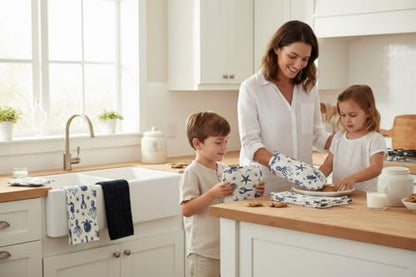 Summer Kitchen Pot Holder Oven Mitt Dish Towel Set: Fun Navy White Coastal Design, 5 pc Set (Coastal Blue) - color: Coastal Blue