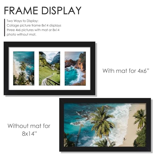 DUENPY 8x14 Collage Picture Frame, 4x6 Collage Picture Frame Displays Three 4x6 inch Photos, or 8x14 (Without Mat) for Available Horizontal Wall Mounting Display and Vertical, Black. | Wall Mount Display, Horizontal & Vertical, 8x14 (Without Mat) Photo Fr