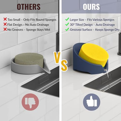 NiHome Silicone Sponge Holder for Kitchen Sink, Fits Scrub Daddy Mommy | Self-Draining Dispenser Organizer Tray, Sink Caddy Countertop Fits Soaps, Scrubber, Dishwasher Safe, Includes Brush - color: Dark Blue
