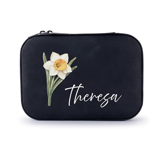 Custom Leather Jewelry Box with Name & Birth Flower Month, Birthday Gifts for Women, Personalized Jewelry Travel Case - Customized Jewelry Organizer Box, Mom Birthday Gifts, Black - color: Black