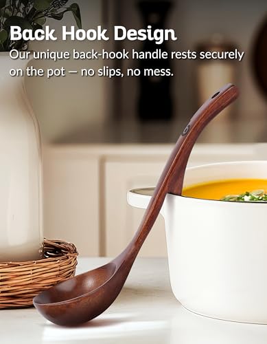 Soup Ladle - Luxury Teak Wood Ladle Set of 3 – Chef-Grade, Eco-Friendly Wooden Cooking Utensils with Reinforced Neck Joint & Anti-Slip Notch Handle – Multi-Size, Gift-Ready Ladle Spoons Set - color: Brown Teak Soup Ladle Set