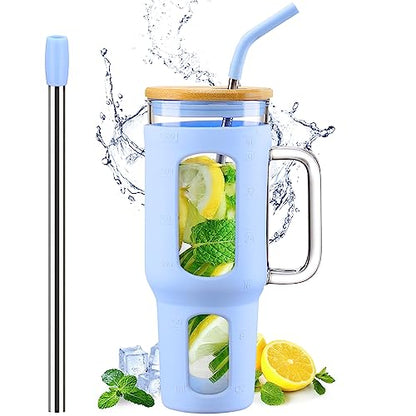 WINSA Glass Tumbler with Lid and Straw, 46 oz, Glacier | Iced Coffee Cup with Handle, Large Water Bottle with Silicone Sleeve, Pearl Straw & Drinking Straw, BPA Free - color: Glacier, size: 46 Ounces