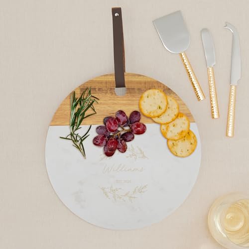 Weddingstar Custom Engraved Circular Wooden Acacia Plank & Marble Cutting Board Serving Tray - Signature Script - style: Signature Script