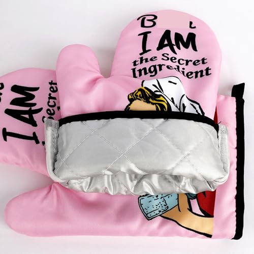 Funny Oven Mitts and Pot Holders Sets Cooking BBQ Non-Slip Quilting Grill Mitts Heat Resistant Housewarming Gifts I Am The Secret Ingredient - color: Pink