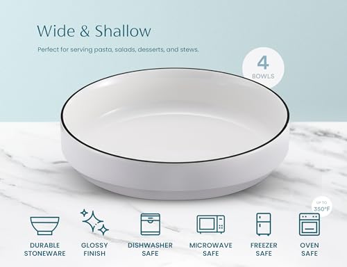 KooK Ceramic Large Pasta Bowls, Microwave and Dishwasher Safe, Great for Soups and Salads, Shallow Serving Bowls, Glossy Porcelain, 47 oz, Set of 4, French - color: French