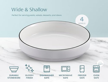 KooK Ceramic Large Pasta Bowls, Microwave and Dishwasher Safe, Great for Soups and Salads, Shallow Serving Bowls, Glossy Porcelain, 47 oz, Set of 4, French - color: French