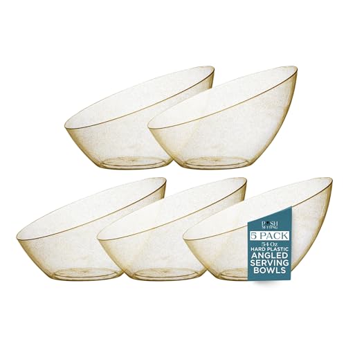 5 Pack Gold Plastic Angled Serving Bowl Disposable for Party Table 54oz | Angled Bowl Design. Chip, Candy, Salad & Fruit Use. Disposable Party Tableware. Buffet & Wedding Serving. Gold Plastic. - color: Gold Glitter, size: Large 54 OZ