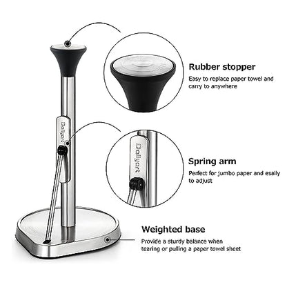 Dailyart Paper Towel Holder Stand for One Hand Tear with Tension Arm - color: Silver and Black