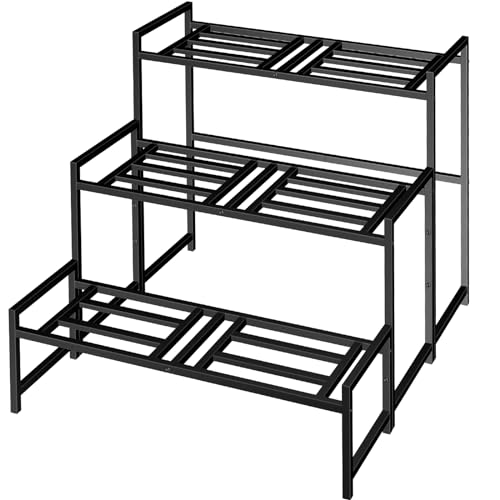 Plant Stand Indoor Outdoor, 3-Tier Stackable Wrought Iron Plant Stands | Metal Plant Shelf Decorative Outdoor Flower Stand Heavy Duty Pedestal Stands for Garden Deck Living Room, Black - size: 24''