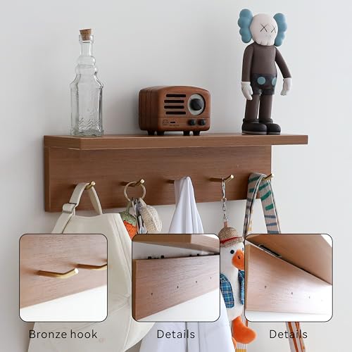 Marine Plywood Wall Mounted Coat Rack with Shelf & Key Hooks, 5 Brass Hooks Entryway Organizer, Modern Floating Shelf for Bedroom Hallway, Space-Saving Home Storage Rack (1, Teak Finish) - color: Teak Finish