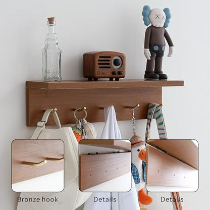 Marine Plywood Wall Mounted Coat Rack with Shelf & Key Hooks, 5 Brass Hooks Entryway Organizer, Modern Floating Shelf for Bedroom Hallway, Space-Saving Home Storage Rack (1, Teak Finish) - color: Teak Finish