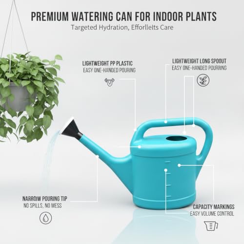 Long Spout Watering Can for Indoor Plants, Lightweight Blue PP Plastic with Narrow Tip for Precise Pouring - size: 14.17 x 3.54 x 11.02 in