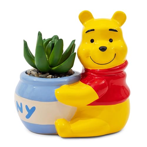 Silver Buffalo Disney Winnie the Pooh Hunny Pot 5-Inch Ceramic Mini Planter with Artificial Succulent | Cute Flower Pot, Faux Indoor Plants
