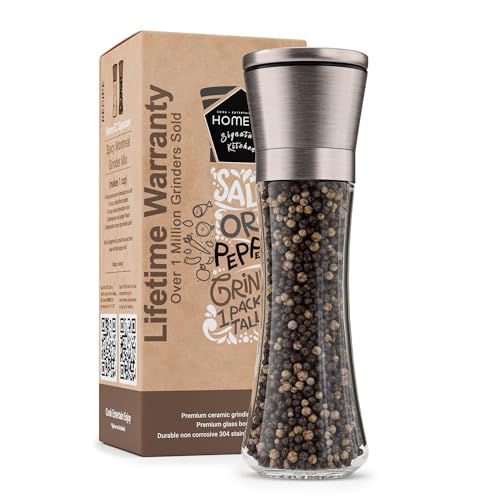 HOME EC Original Stainless Steel Salt or Pepper Grinder 1pk - Adjustable Ceramic Sea Salt Grinder or Pepper Mill - Tall Glass Spice Shaker - Spice Mill w/Ebook (Bronze) - color: Gunmetal Bronze Top/Clear Glass, size: 1pk