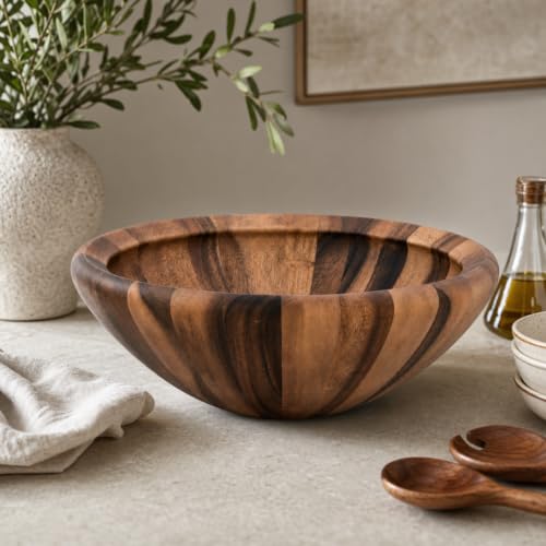 Arthur Court Acacia Wood Salad Bowl - Modern Wavy Design for Fruits and Salads - 6" Tall, 16" Diameter - size: Salinas