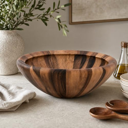 Arthur Court Acacia Wood Salad Bowl - Modern Wavy Design for Fruits and Salads - 6" Tall, 16" Diameter - size: Salinas