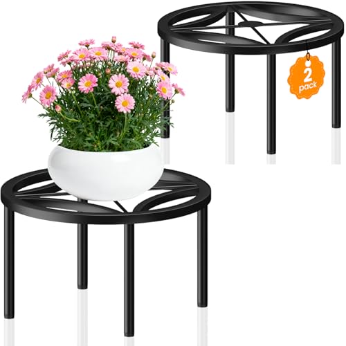 TOSKING 2-Pack Fully Assembled Heavy Duty Low Metal Plant Stand, Geometric Flower Pot Holder for Heavy Potted Plant, Rustproof Iron Plant Riser with Adjustable Feet, 200 LBS Capacity, No Installation Required,Indoor/Outdoor, Black (10.24"Dia x 5.3"H) - co