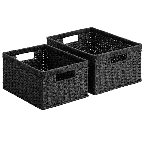 StorageWorks Wicker Storage Baskets for Organizing, Black Baskets, 2-Pack | Paper Rope Wicker Baskets with Handles, Black Storage Baskets for Shelves, Black Wicker Baskets, Woven Baskets - color: Black (Paper Rope), size: 15"L x 11"W x 7"H + 13"L x 9"W x