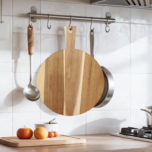 Acacia Round Cutting Boards, 12 Inch Wood Round Cutting Boards with Handle, Acacia Pizza Cutting Board for Bread, Meat