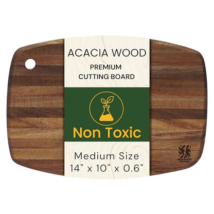 Acacia Wood Cutting Board 14 x 10 Inch Oval, 0.6" Thin Edge Grain, Handle & Hanging Hole, for Fruit, Cheese, Bread, Kitchen Prep, Non-Toxic BPA/Plastic Free, Solid Hardwood by New M Way - size: 13.8"L x 9.8"W