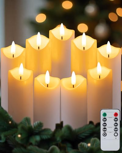 Gmnee 9-Pack Flickering Flameless Candles with Remote Timer, LED, Real Wax | 2" Diameter White Pillar Candles, Fake Candles, Battery Operated Candles for Home, Fireplace, Centerpiece and Rustic Decor - color: White - D2"H5"6"7"8"9"