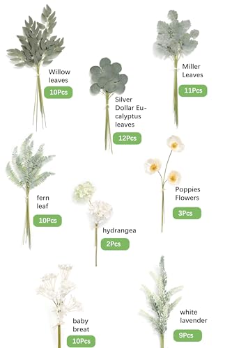 Serra Flora Artificial Greenery Spray Box Set(Pack of 64pcs) with 8 Kinds of Wedding Bouquet Filler Table Centerpieces and Floral Arrangement - color: White & White Green