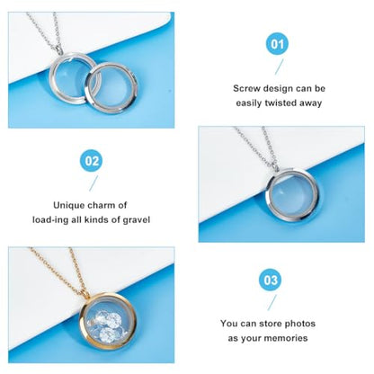 4pcs Photo Locket Charms Necklace Round Stainless Steel Locket Pendants Crystal Double-Sided Picture Frame Memory Locket Charm with 17.7inch Chain for Wedding Jewellery Making Photo - color: Silver and Gold