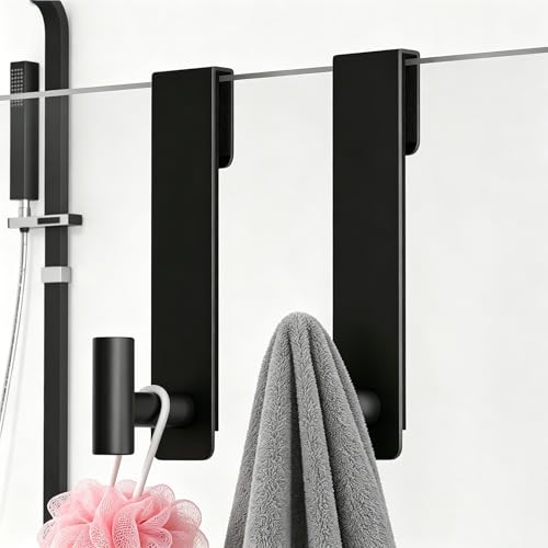 HUFEEOH Shower Towel Hooks, 7.5-Inch Extended Over Glass Shower Door Hanger for Towels & Robes, Rustproof Bathroom Towel Rack, 2-Pack (Black, T Shape) - color: Black, size: Fits 3/8" Thick Door - "T" Shape 2 Pack
