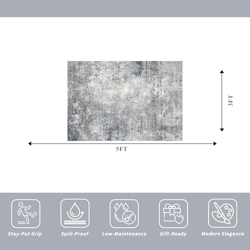 3x5 Washable Entryway Rug – Non-Slip Rubber Backed Small Area Rug for Kitchen, Bedroom, Living Room, Office – Soft Low-Pile Thin Modern Abstract Neutral Throw Rug （Blue Gray,3x5） - color: Blue Gray, size: 3' x 5' (Rectangular)