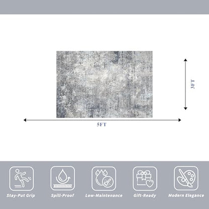 3x5 Washable Entryway Rug – Non-Slip Rubber Backed Small Area Rug for Kitchen, Bedroom, Living Room, Office – Soft Low-Pile Thin Modern Abstract Neutral Throw Rug （Blue Gray,3x5） - color: Blue Gray, size: 3' x 5' (Rectangular)