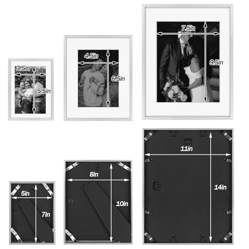 Frametory 7 Pack Aluminum Picture Frame with Mat for Gallery Wall, Silver | Set includes one 11x14, two 8x10, four 5x7 frames with glass fronts, removable mats, and built-in hangers for wall mounting - color: Silver