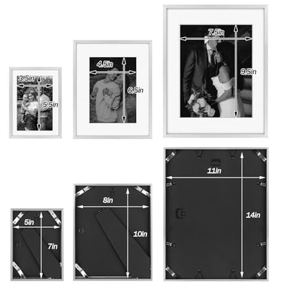 Frametory 7 Pack Aluminum Picture Frame with Mat for Gallery Wall, Silver | Set includes one 11x14, two 8x10, four 5x7 frames with glass fronts, removable mats, and built-in hangers for wall mounting - color: Silver