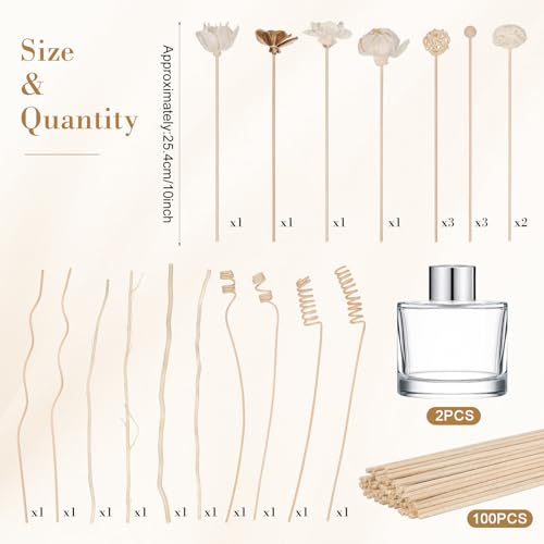 Xuhal 124 Pcs Reed Diffuser Set Natural Rattan Sticks 5.1oz Empty Glass Bottles 22 Flower Reeds Home Fragrance Diffuser Kit for Living Room Bedroom Office Decor DIY Housewarming Gift