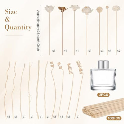 Xuhal 124 Pcs Reed Diffuser Set Natural Rattan Sticks 5.1oz Empty Glass Bottles 22 Flower Reeds Home Fragrance Diffuser Kit for Living Room Bedroom Office Decor DIY Housewarming Gift