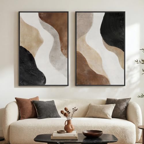 Large Framed Neutral Abstract Wall Art Set of 2 for Living Room, Brown Black White Minimalist Print Canvas Artwork for Walls, Contemporary Mid Century Modern Wall Decor for Bedroom Office, 24x36 In - color: Brown White Black