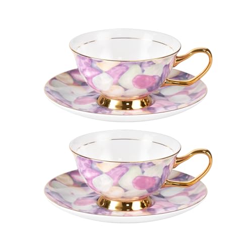 KAMMAK Tea Cups and Saucers Set of 2, Porcelain Coffee Cups, JBE024 | Stackable Espresso Mugs, Ceramic Demitasse for Coffee, Cappuccino, Latte, Americano, Tea - size: 8CZJBE024