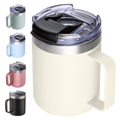 12oz Insulated Travel Coffee Mug with Handle, Cream | Stainless Steel Coffee Tumbler with Lid, Double Wall Vacuum Thermal Cup for Camping - color: Cream, size: 1 Count (Pack of 1)