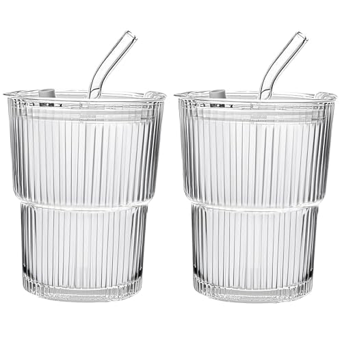 13oz/400ML Glass Tumbler with Straw and Lid Ribbed Vertical Ice Coffee Cups Sealed Carry on for Coffee Iced Tea, Thick Wall Glassware Tumbler Water Glass - color: 2Pack Clear-A